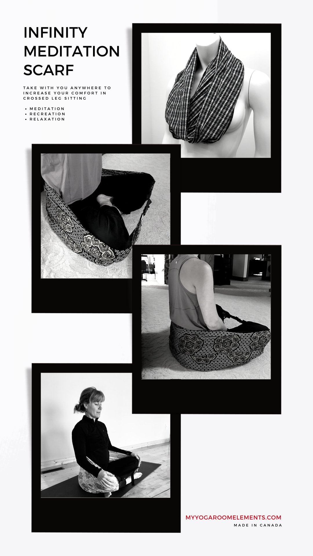 Infinity scarf converts into a supportive wrap to align the body in comfort in crossed leg seated poses.