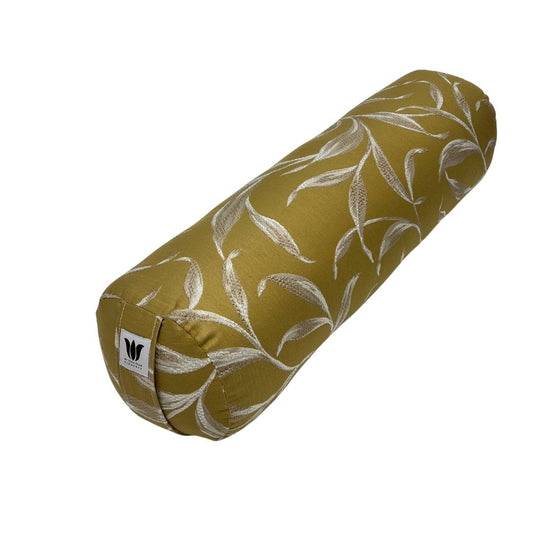 Yoga Bolster | Yellow Embroidery Leaf Print | Cotton Linen Decor Fabric | Home Yoga Practice Prop | Round Yoga Bolster | Allergy Sensitive