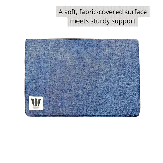 Blue fabric-covered surface with a logo on a gray background