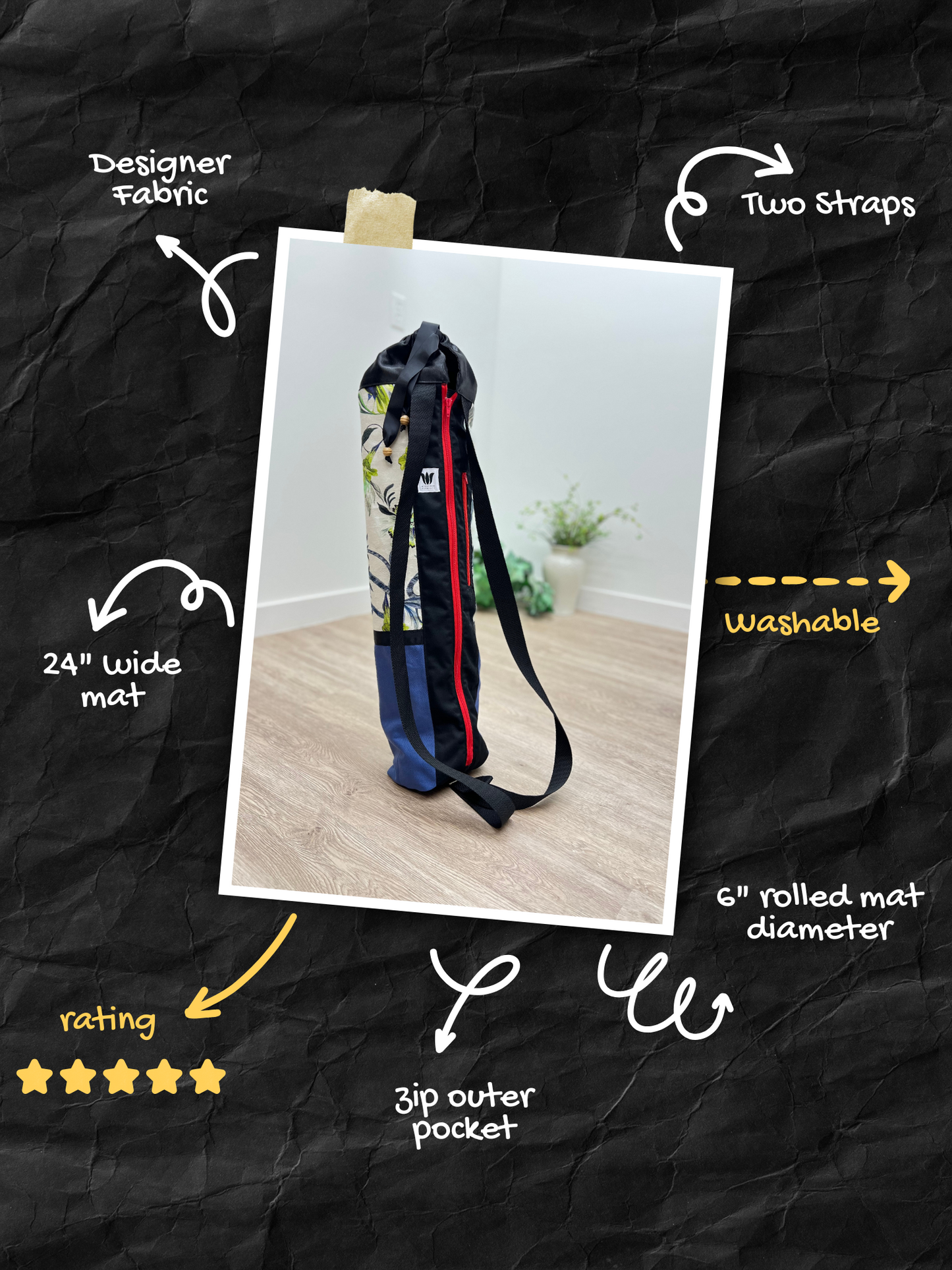 Yoga mat bag with features highlighted on a black background