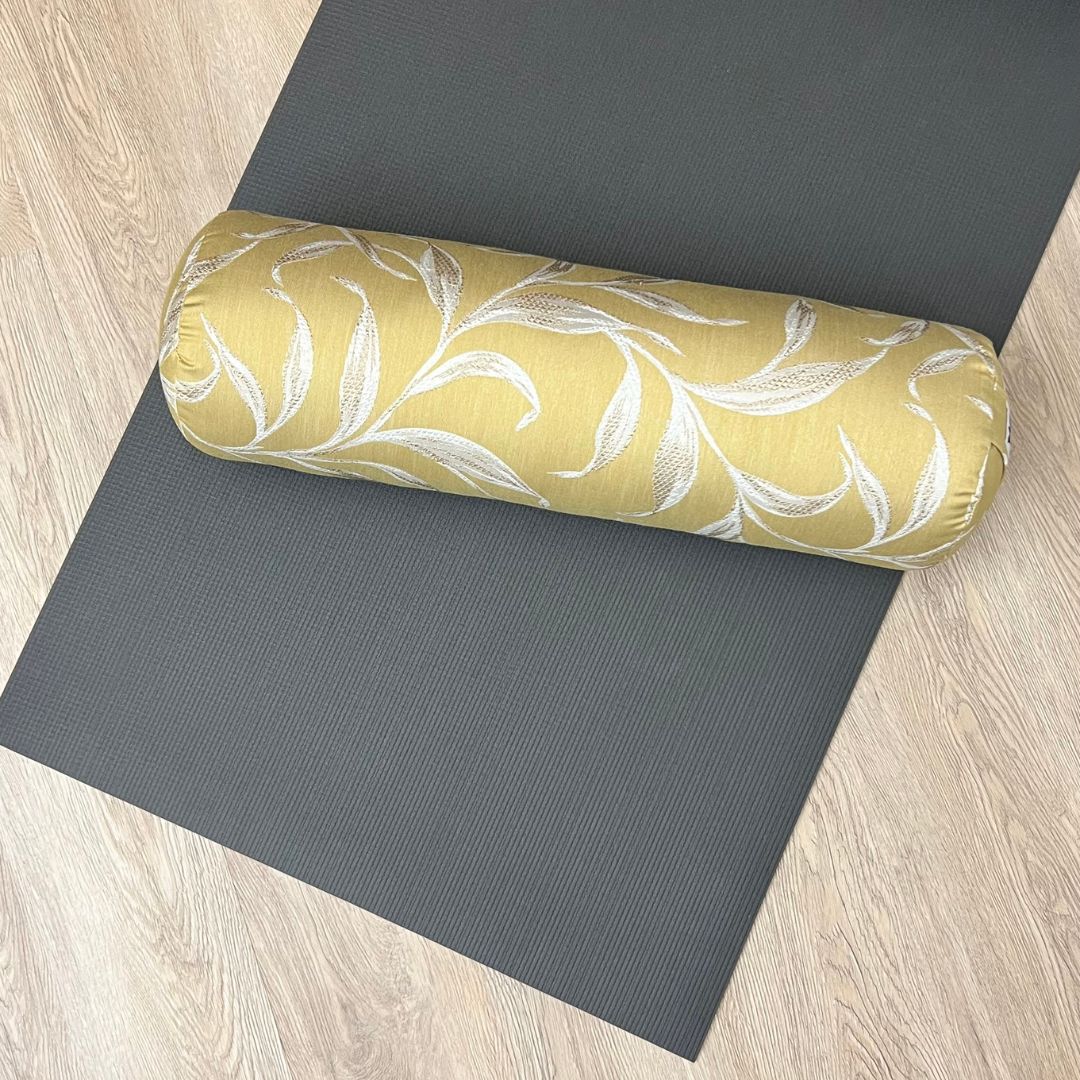 Yoga Bolster | Yellow Embroidery Leaf Print | Cotton Linen Decor Fabric | Home Yoga Practice Prop | Round Yoga Bolster | Allergy Sensitive