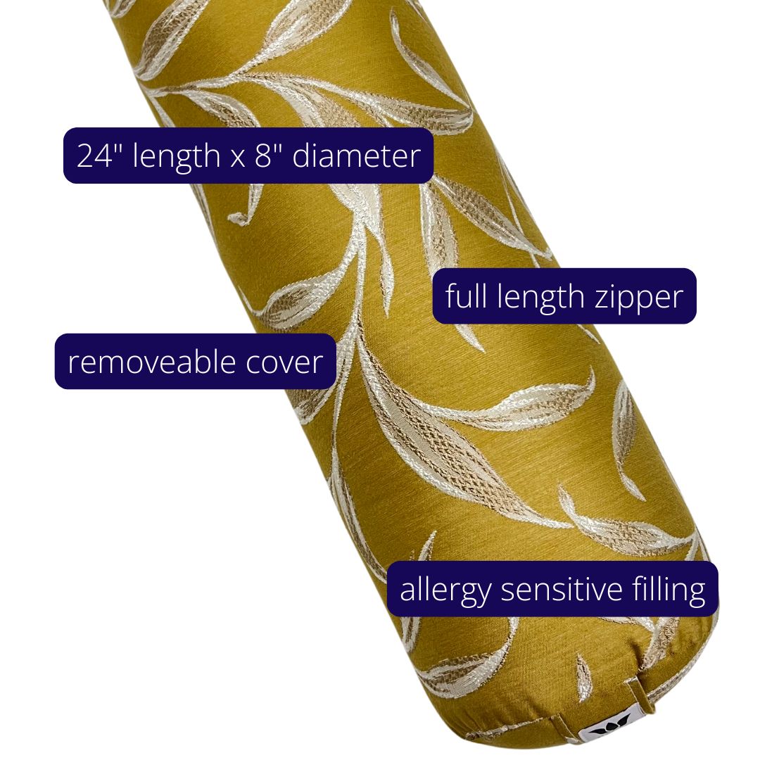 Yoga Bolster | Yellow Embroidery Leaf Print | Cotton Linen Decor Fabric | Home Yoga Practice Prop | Round Yoga Bolster | Allergy Sensitive