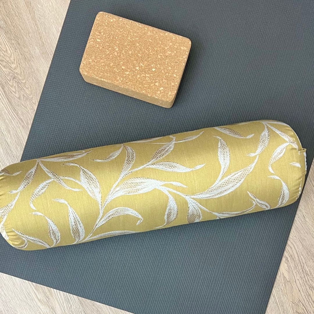 Yoga Bolster | Yellow Embroidery Leaf Print | Cotton Linen Decor Fabric | Home Yoga Practice Prop | Round Yoga Bolster | Allergy Sensitive