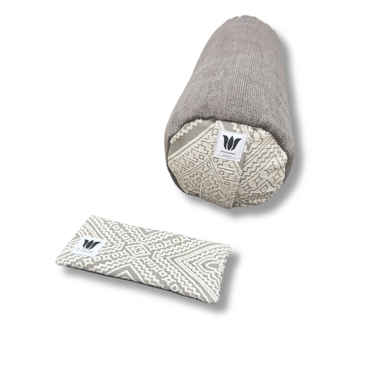 One-of-a-kind yoga bolster & eye pillow set. Outdoor-safe Telio fabric. Modern neutral design. Handcrafted comfort. Only one available. Made in Canada