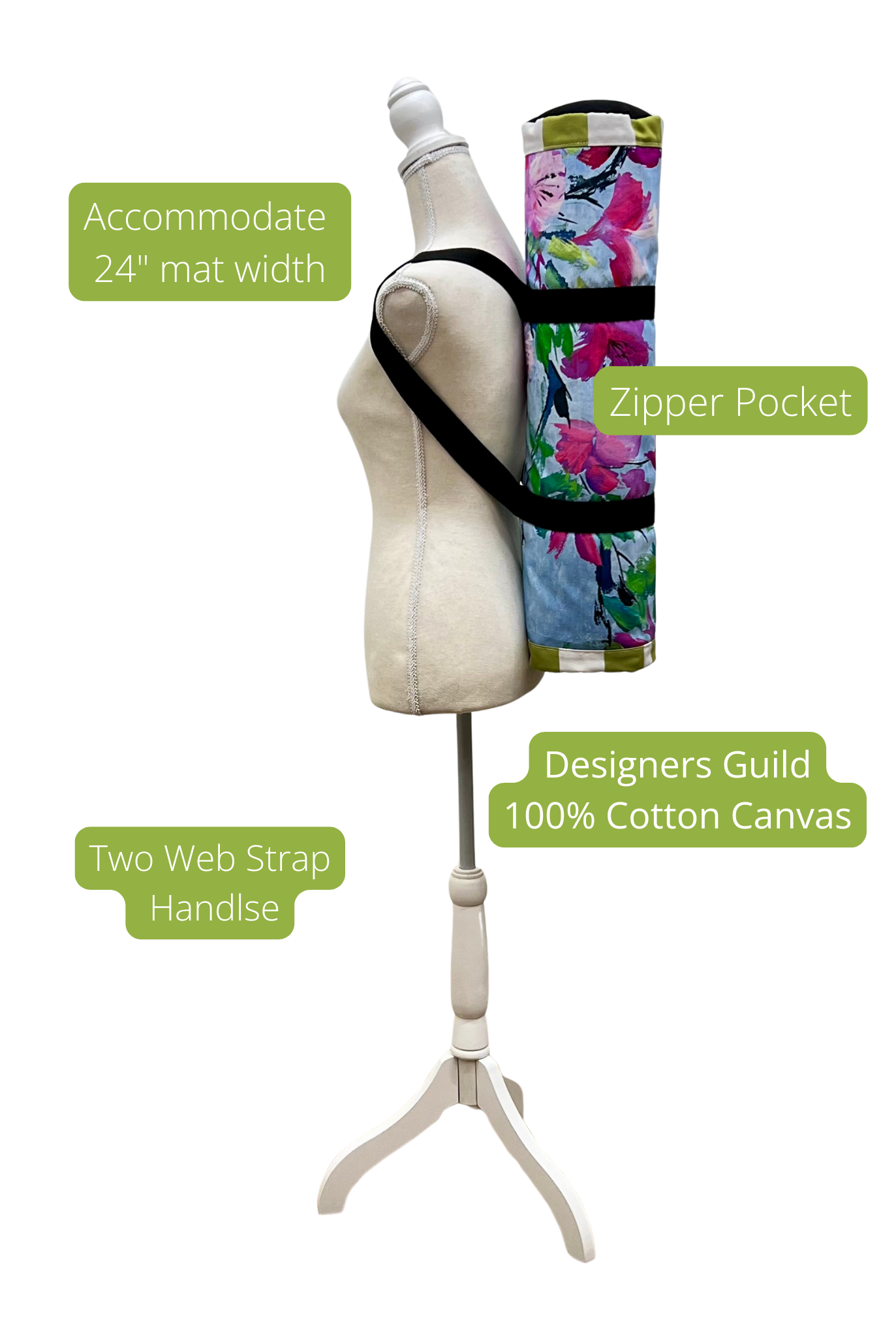 Mannequin with a colorful mat and text highlighting features on a white background
