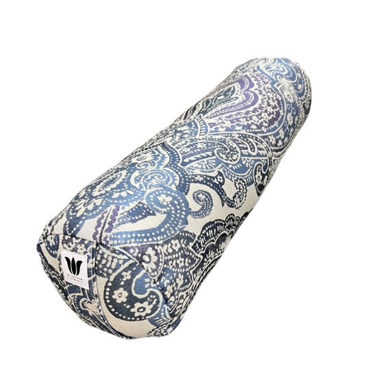canadian made round yoga bolster in blue purple paisley print