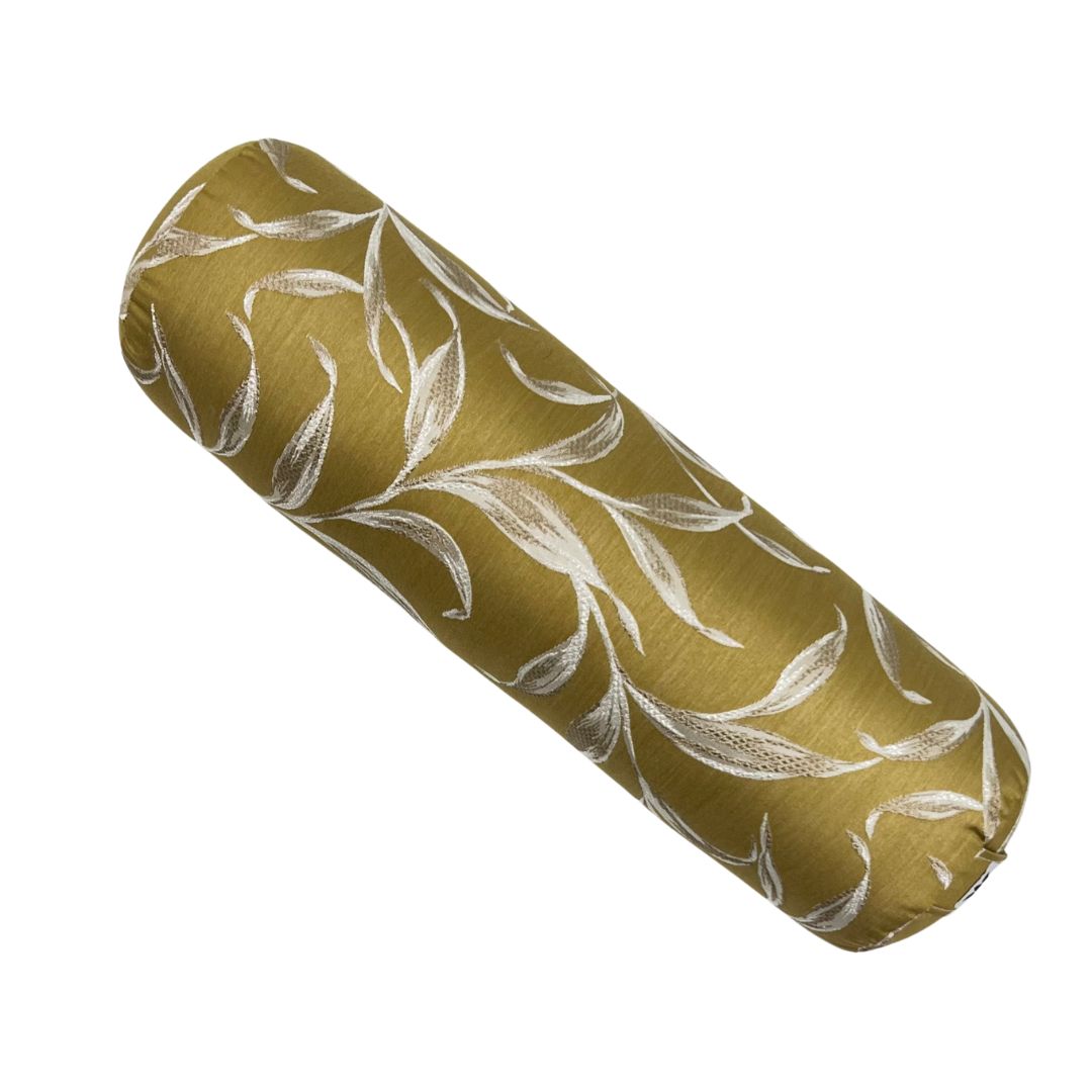 Yoga Bolster | Yellow Embroidery Leaf Print | Cotton Linen Decor Fabric | Home Yoga Practice Prop | Round Yoga Bolster | Allergy Sensitive