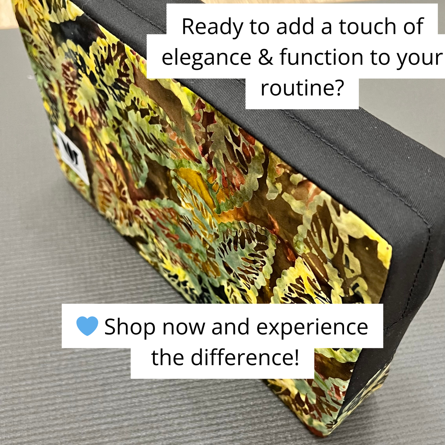 fabric covered yoga pilates bloci with leaf pattern on a gray surface, text promoting product use.
