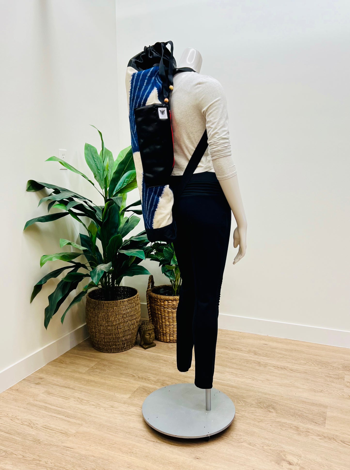 Indigo blue and cream silk hemp backpack full zip or drop in yoga mat bag. Handcrafted in Canada by My Yoga Room Elements