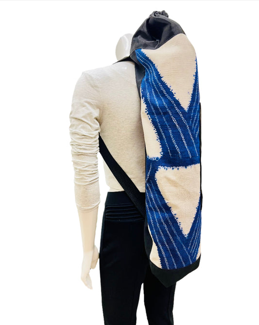 Indigo blue and cream silk hemp backpack full zip or drop in yoga mat bag. Handcrafted in Canada by My Yoga Room Elements
