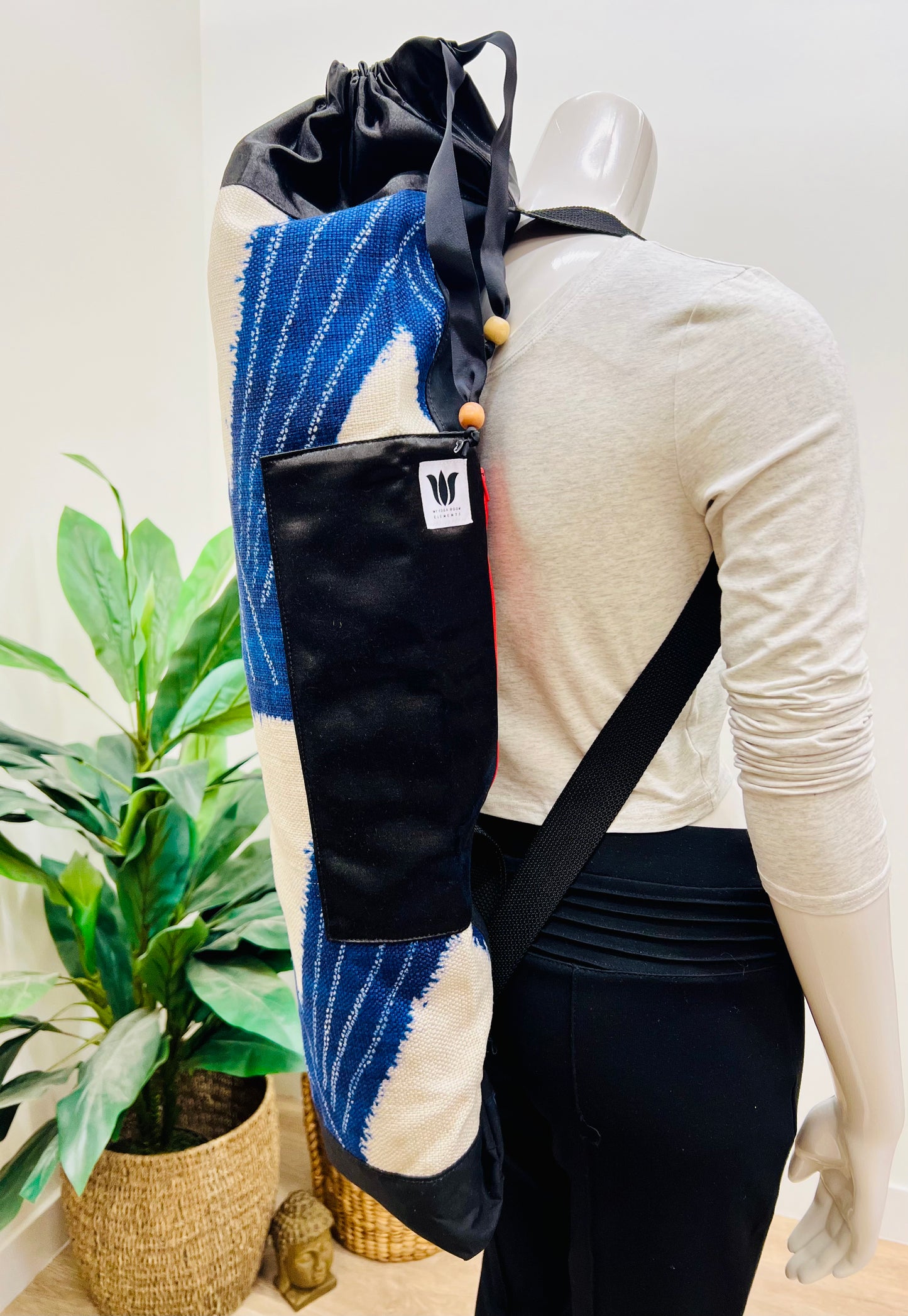 Indigo blue and cream silk hemp backpack full zip or drop in yoga mat bag. Handcrafted in Canada by My Yoga Room Elements