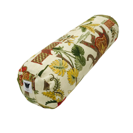 round yoga bolster cream background with exotic india print handcrafted in canada by my yoga room elements