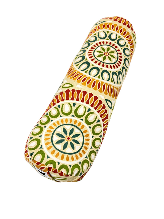 round yoga bolster in citrus color mandala print cotton fabric. made in calgary alberta canada