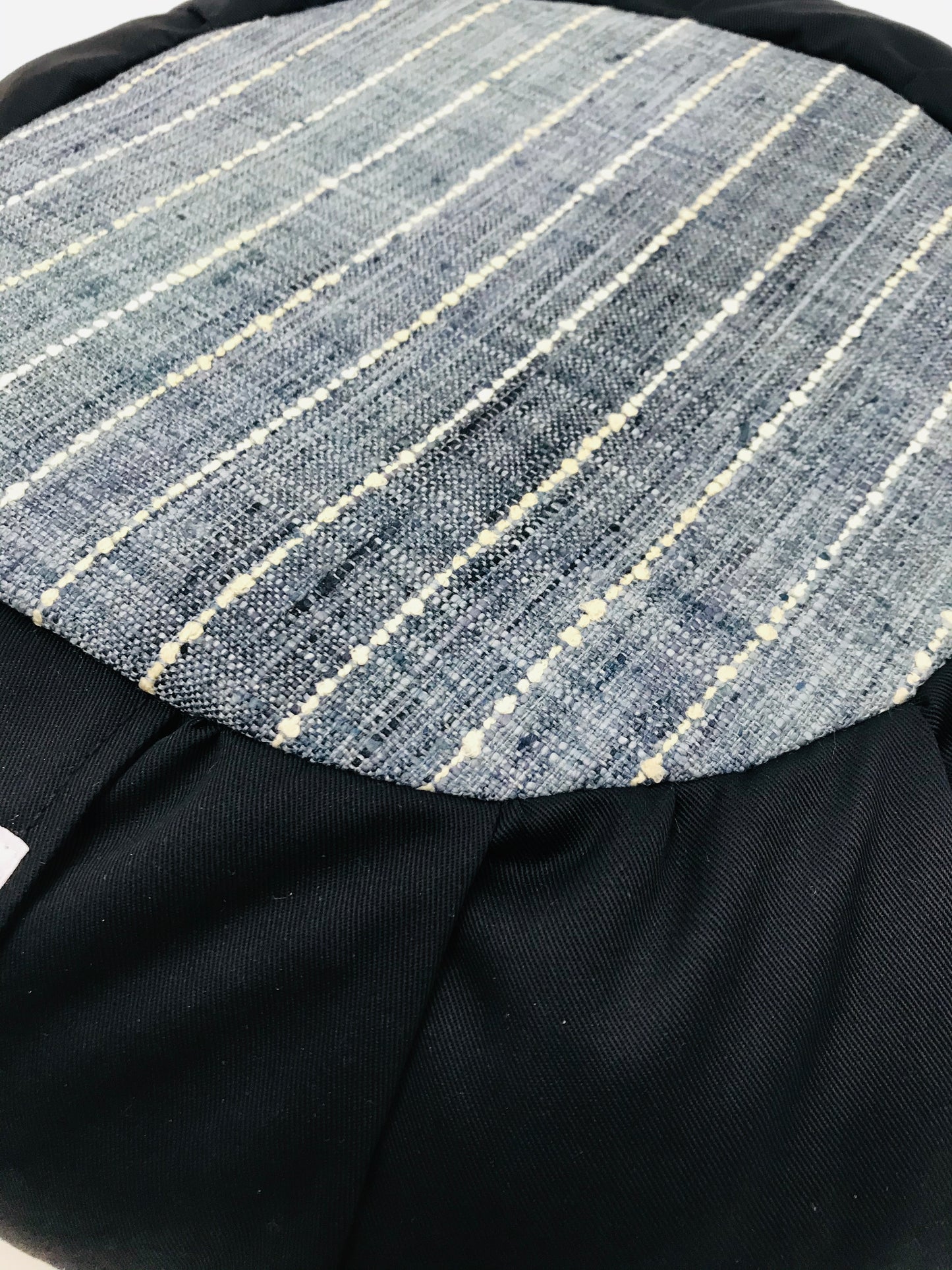 Round yoga meditation seat cushion, dark blue with light blue interior artisan handcrafted in canada