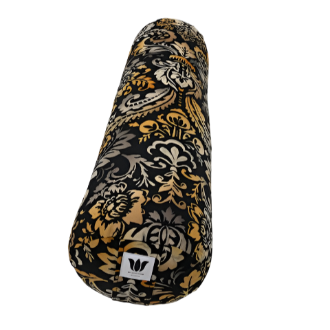 round yoga bolster in tiger colour damask print on black handcrafted in canada by my yoga room elements