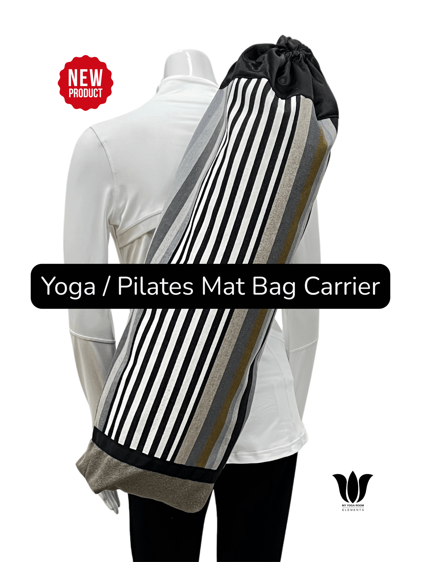 Red Zipper Yoga Mat Bag | Delcia Linen Grey Stripe