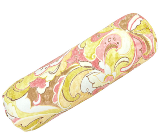 Round yoga bolster in watercolor floral of soft pink, green and cream, handcrafted in canada by yoga room elements