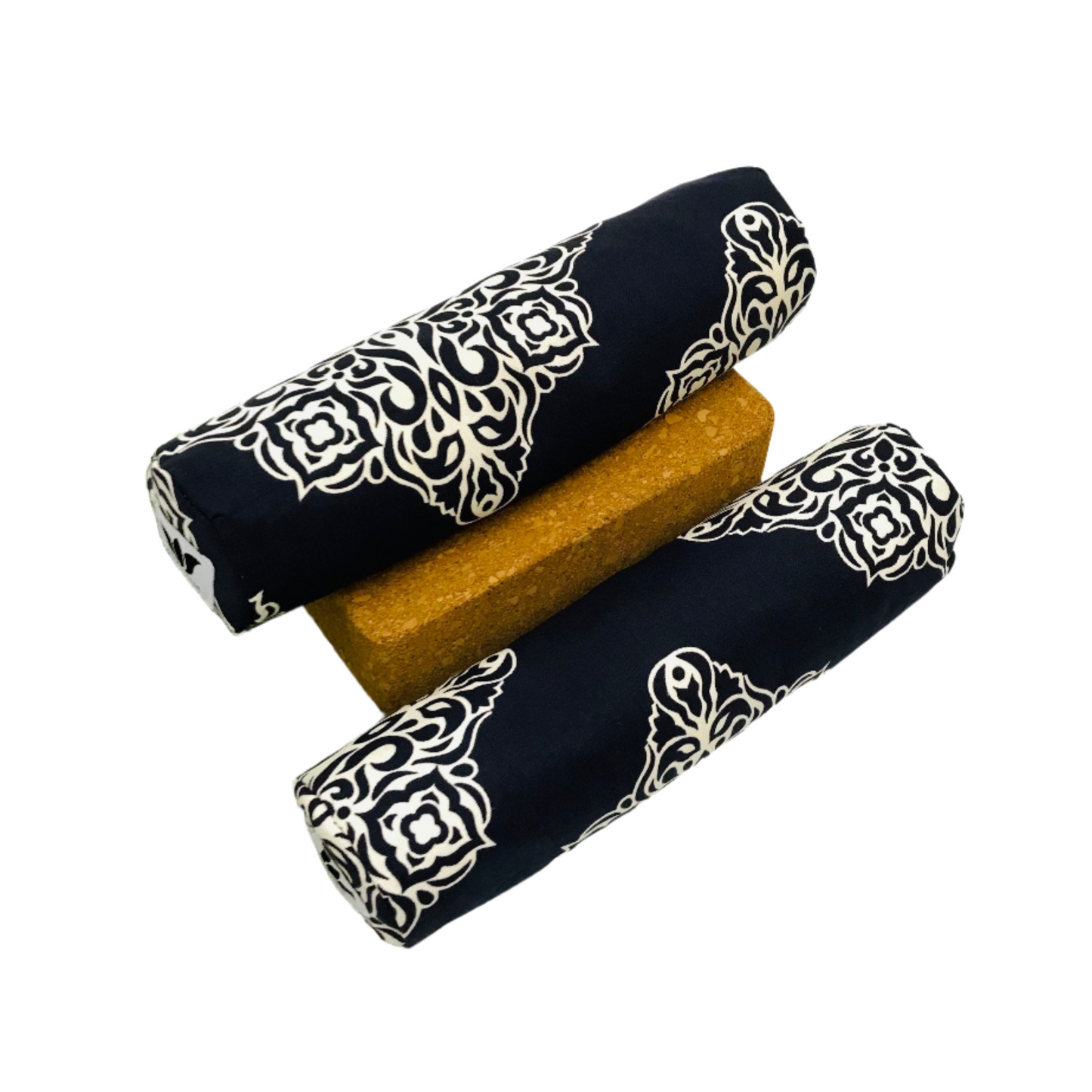 Small body pillows to cushion and/or support the body in the practice of yoga or pilates, blue and white modern print. made in canada