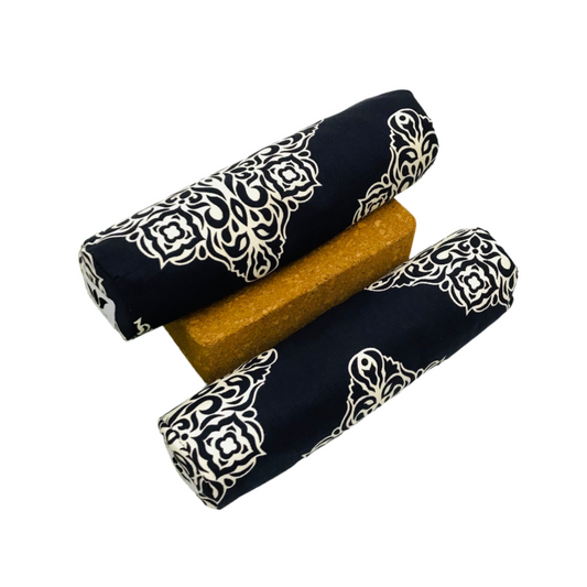 Small body pillows to cushion and/or support the body in the practice of yoga or pilates, blue and white modern print.  made in canada