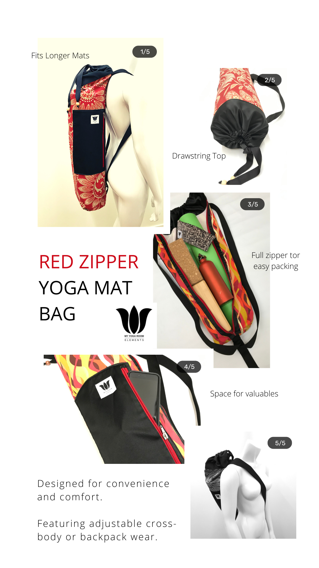 Red Zipper Yoga Mat Bag | Blue Green Floral Embroidery