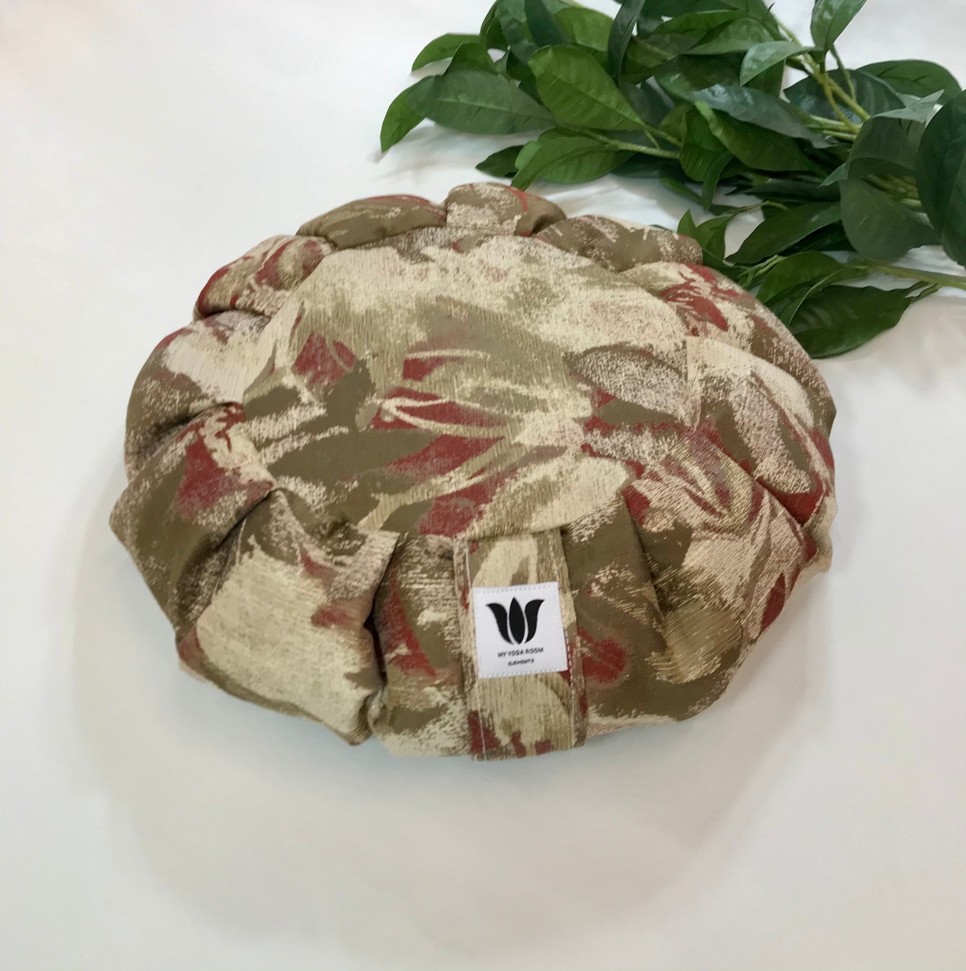 Handcrafted premium cotton sateen fabric meditation seat cushion in rich autumn water colour print fabric. Align the spine and body in comfort to calm the monkey mind in your meditation practice. Handcrafted in Calgary, Alberta Canada