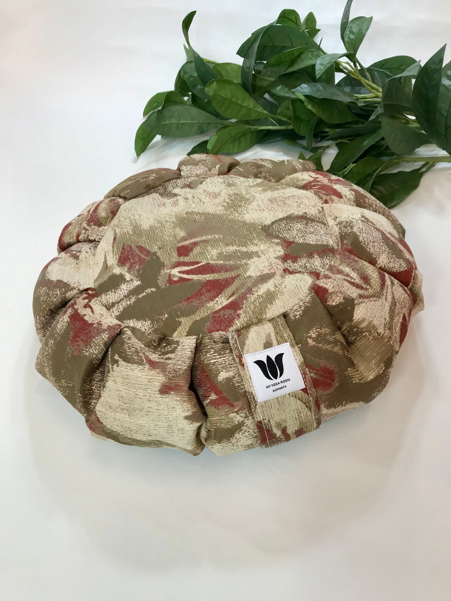 Handcrafted premium cotton sateen fabric meditation seat cushion in rich autumn water colour print fabric. Align the spine and body in comfort to calm the monkey mind in your meditation practice. Handcrafted in Calgary, Alberta Canada