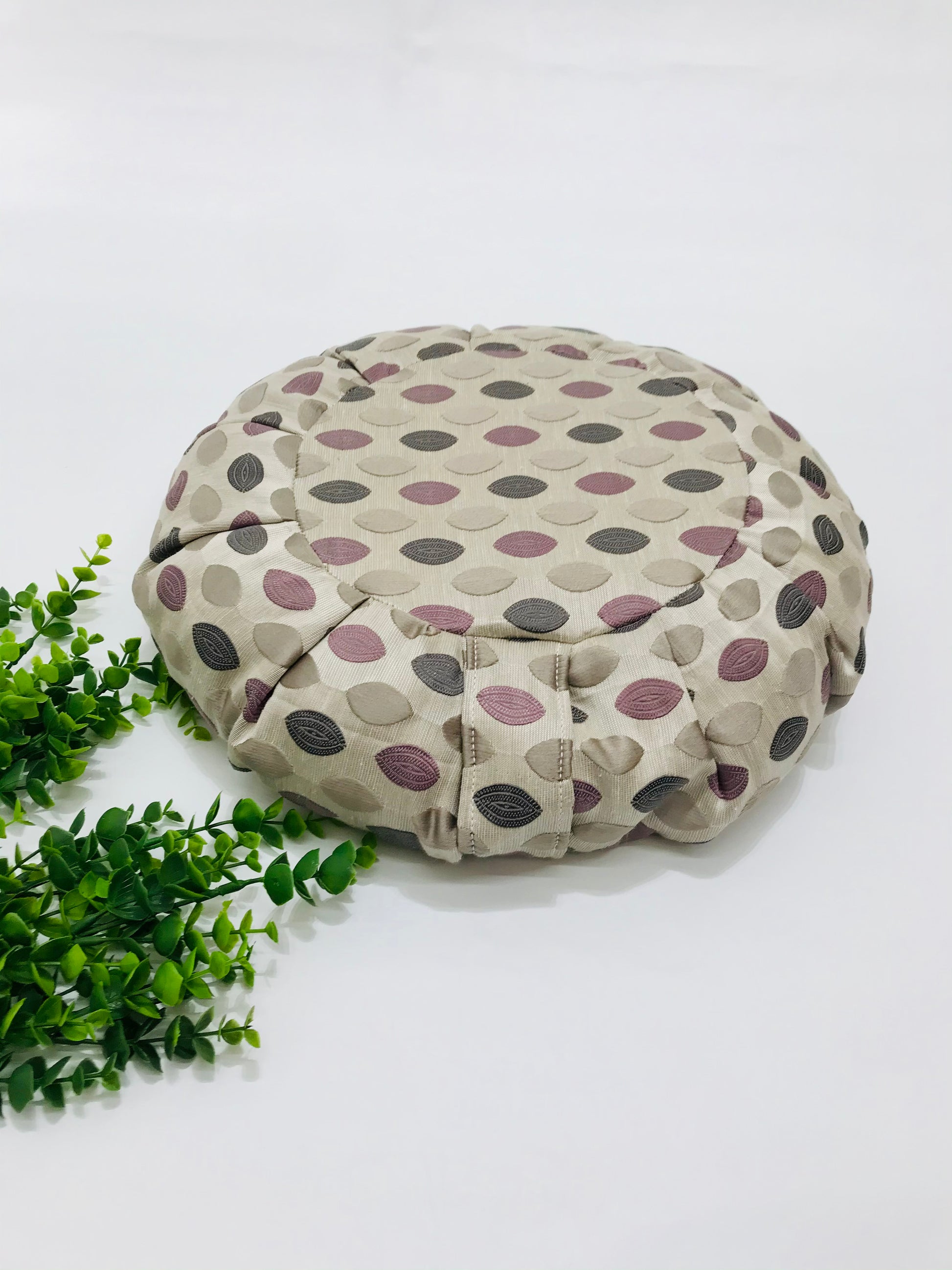 Signature Handcrafted premium home decor fabric meditation seat cushion in graphic print purple fabric. Align the spine and body in comfort to calm the monkey mind in your meditation practice. Handcrafted in Calgary, Alberta Canada