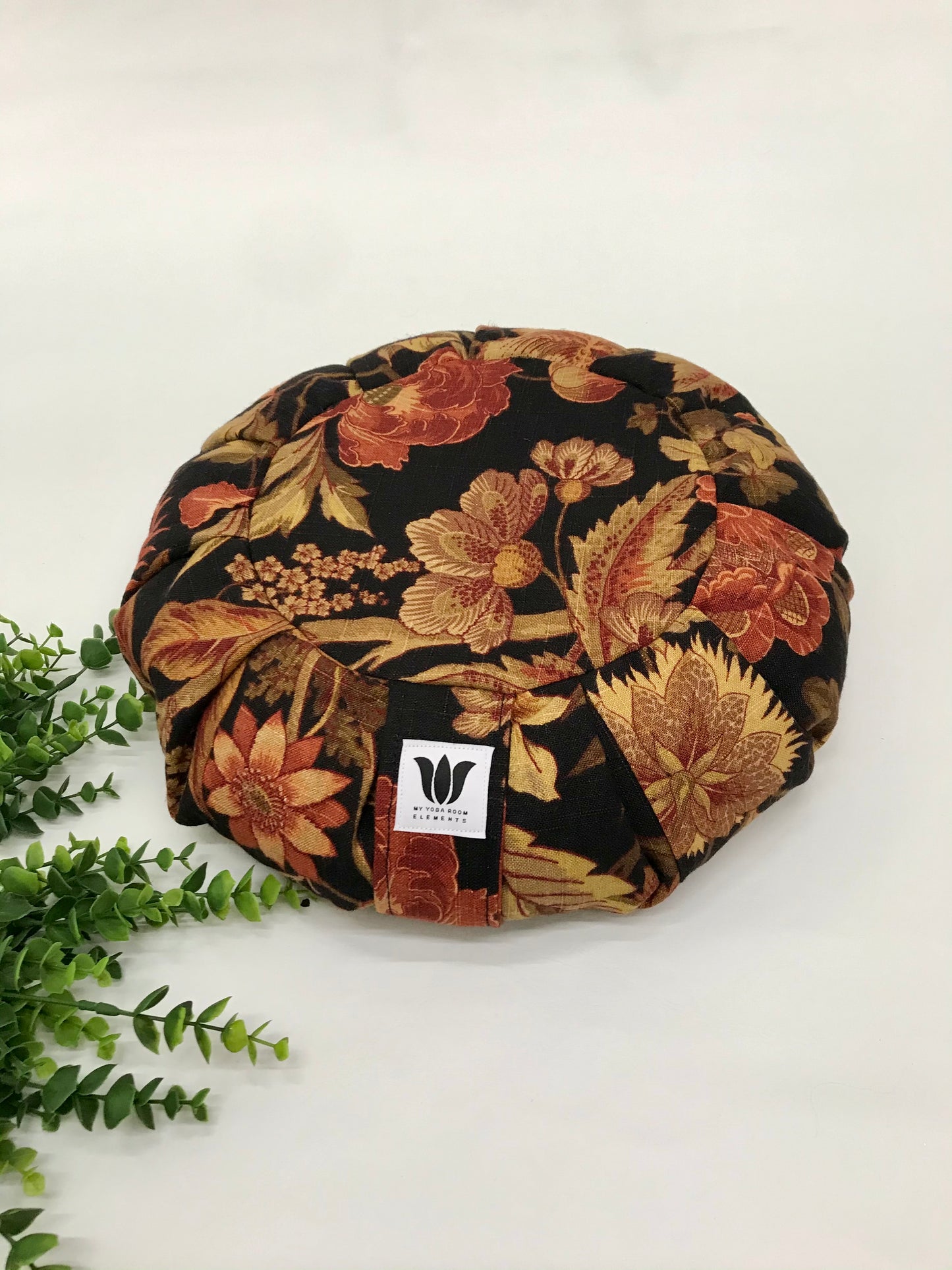 Handcrafted premium linen fabric meditation seat cushion in rich autumn colour floral print fabric.. Align the spine and body in comfort to calm the monkey mind in your meditation practice. Handcrafted in Calgary, Alberta Canada