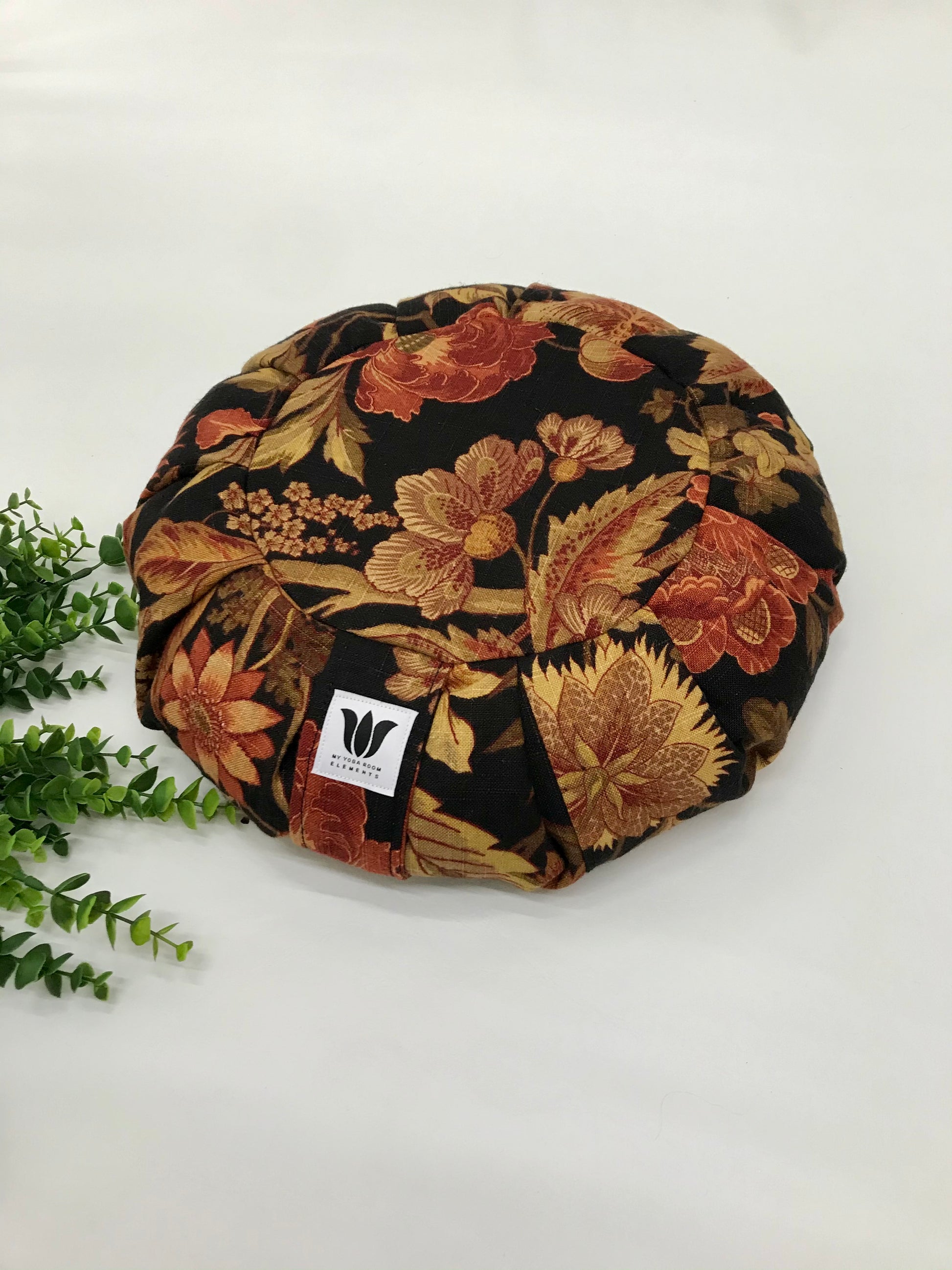 Handcrafted premium linen fabric meditation seat cushion in rich autumn colour floral print fabric.. Align the spine and body in comfort to calm the monkey mind in your meditation practice. Handcrafted in Calgary, Alberta Canada