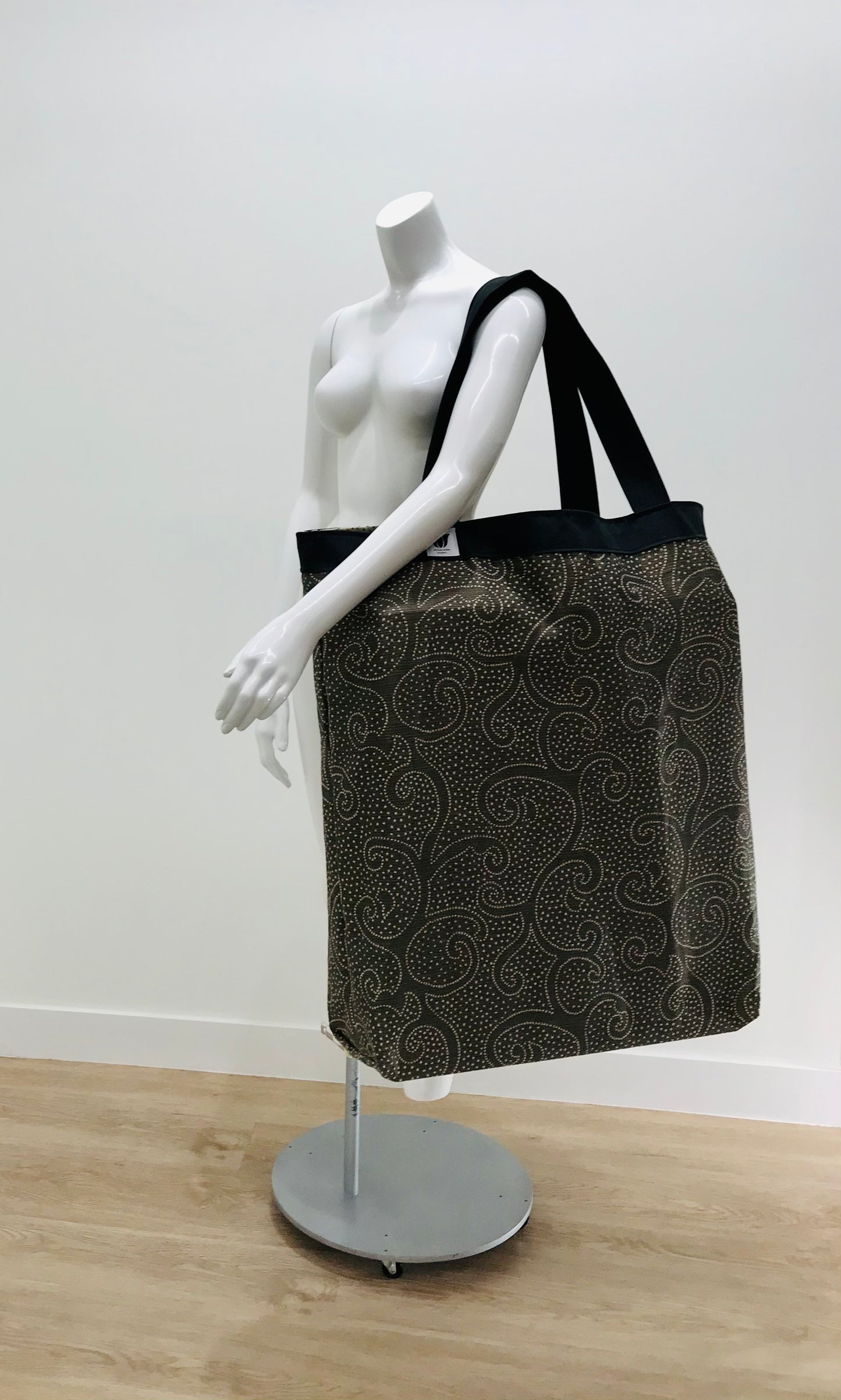 Extra Large Yoga Tote Bag in brown subtle graphic scroll print to carry and or store yoga props for yoga practice. Made in Canada by My Yoga Room Elements