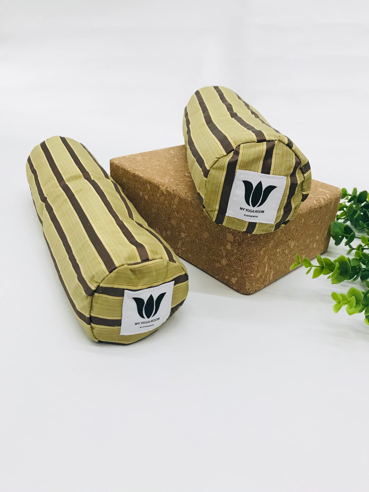 Mini yoga bolster in durable fabric, light brown stripe fabric. Cushion and support the body in the practice of yoga and meditation.Removeable cover. Made in Canada by My Yoga Room Elements