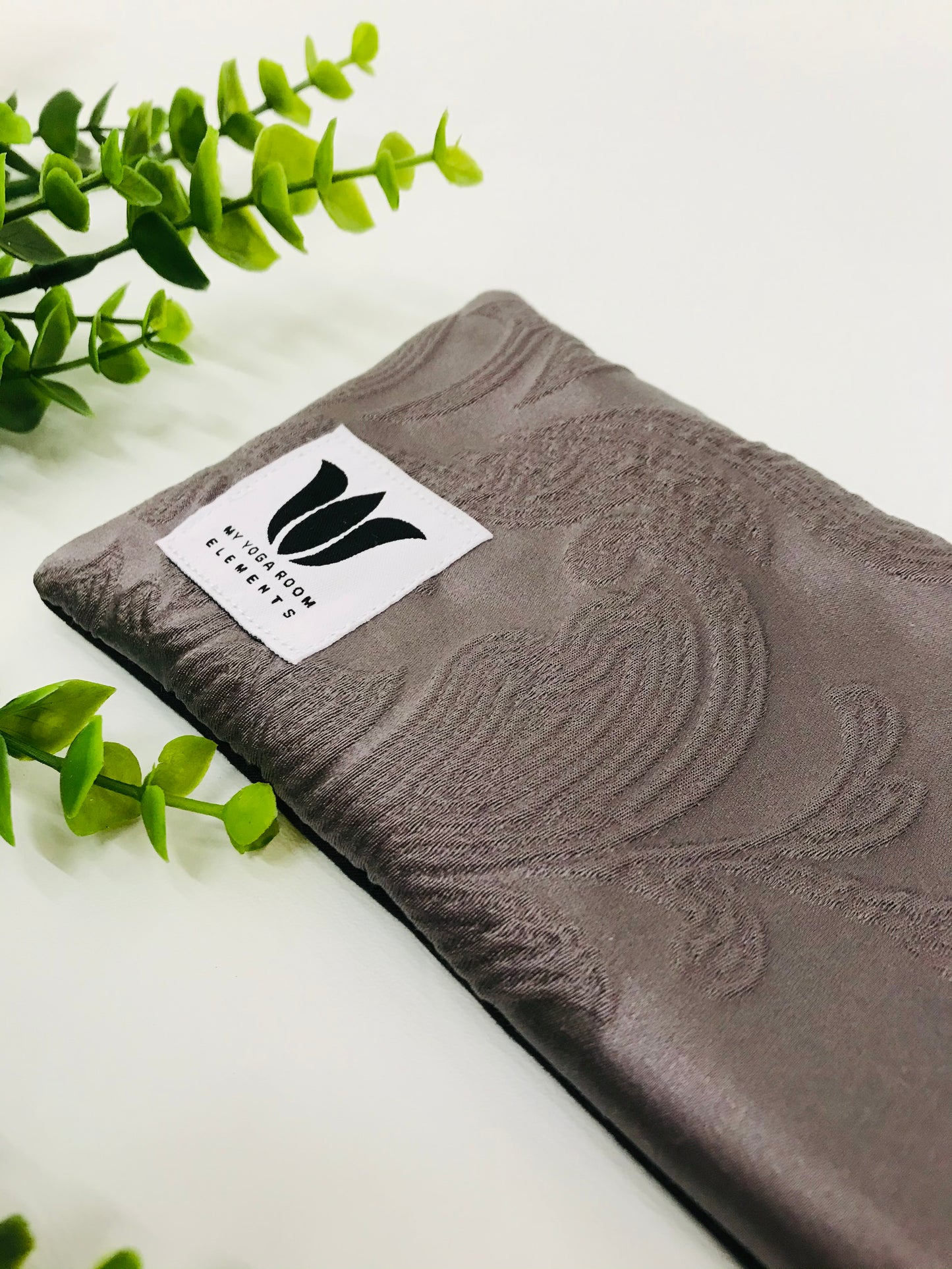Yoga eye pillow, unscented, therapeutically weighted to soothe eye strain and stress or enhance your savasana. Handcrafted in Canada by My Yoga Room Elements. Purple embossed satin print and bamboo fabric.