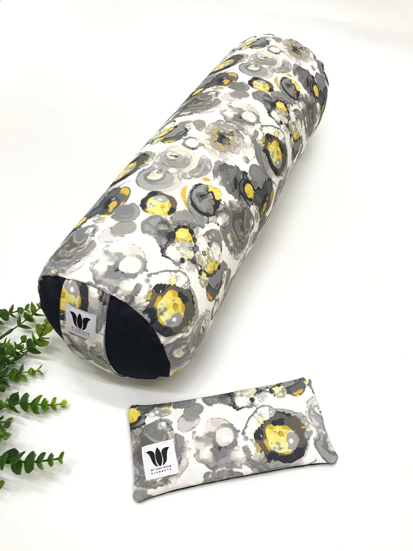 Yoga Bolster Set, round yoga bolster with matching eye pillow. Watercolour print in blue, white, grey and yellow, Handcrafted in Calgary, Alberta, Canada by My Yoga Room Elements.