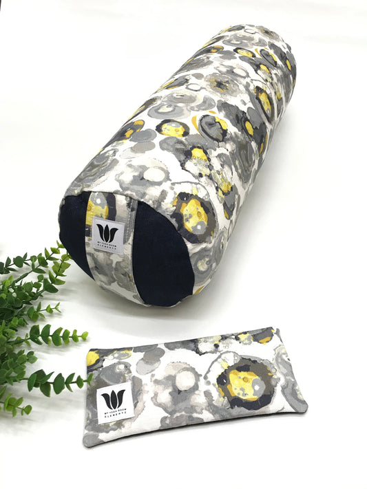 Yoga Bolster Set, round yoga bolster with matching eye pillow. Watercolour print in blue, white, grey and yellow, Handcrafted in Calgary, Alberta, Canada by My Yoga Room Elements.