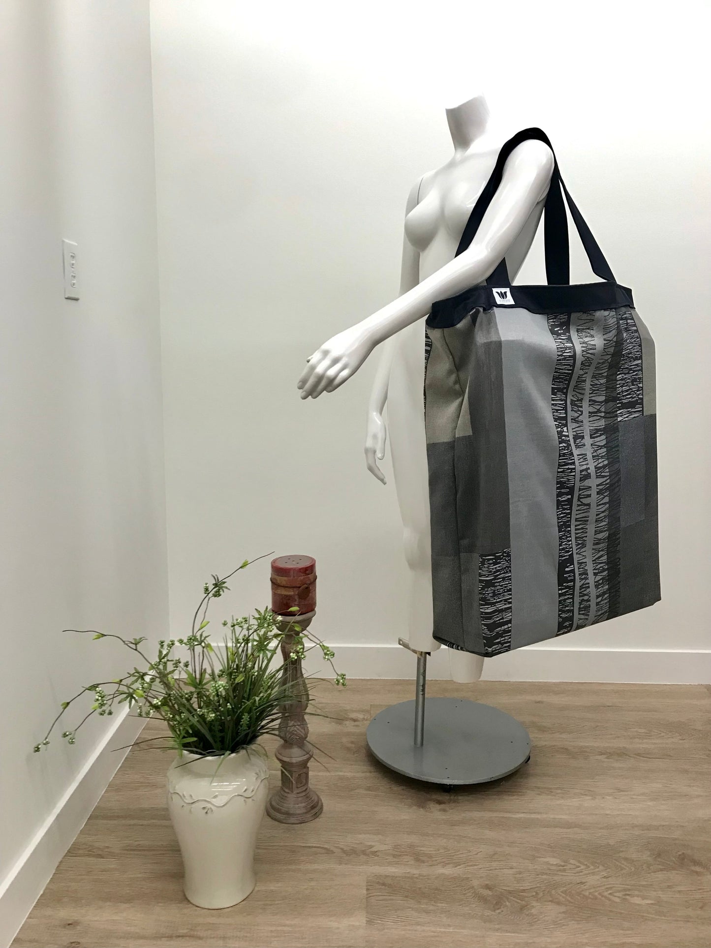 Extra Large Yoga Tote Bag in blue and grey modern graphic print fabric to carry and or store yoga props for yoga practice. Made in Canada by My Yoga Room Elements