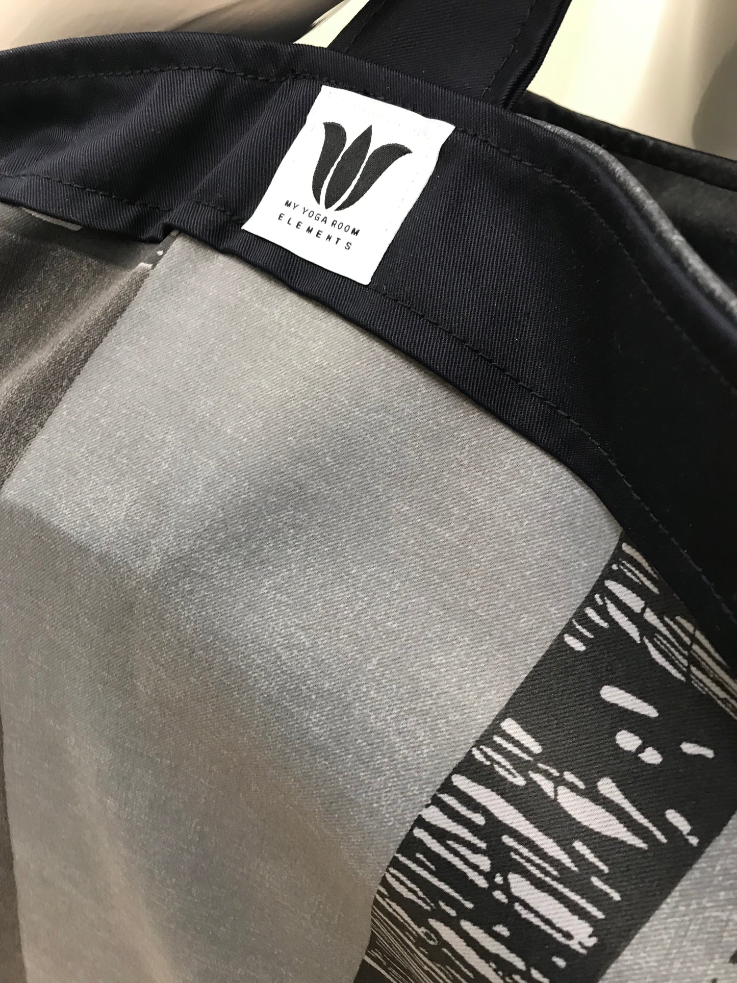 Extra Large Yoga Tote Bag in blue and grey modern graphic print fabric to carry and or store yoga props for yoga practice. Made in Canada by My Yoga Room Elements