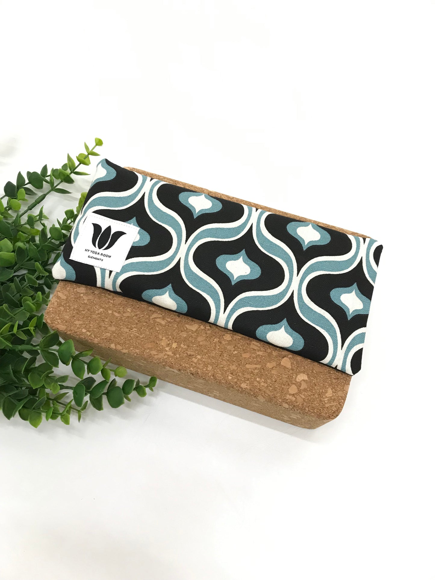 Yoga eye pillow, unscented, therapeutically weighted to soothe eye strain and stress or enhance your savasana. Handcrafted in Canada by My Yoga Room Elements. Black and turquoise mcm print and bamboo fabric.