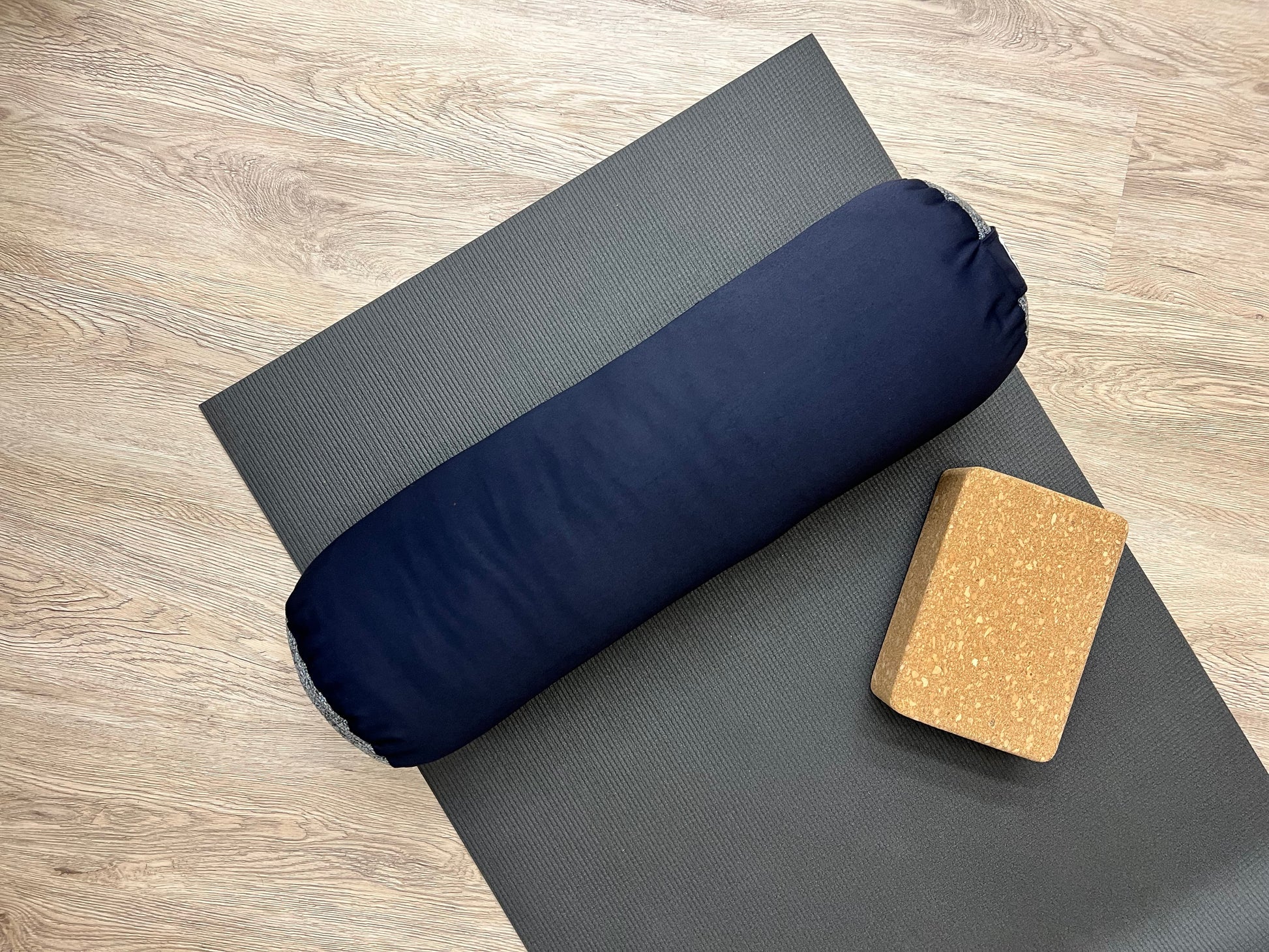 Round Yoga Bolster, navy blue and green, handcrafted in canada by my yoga room elements
