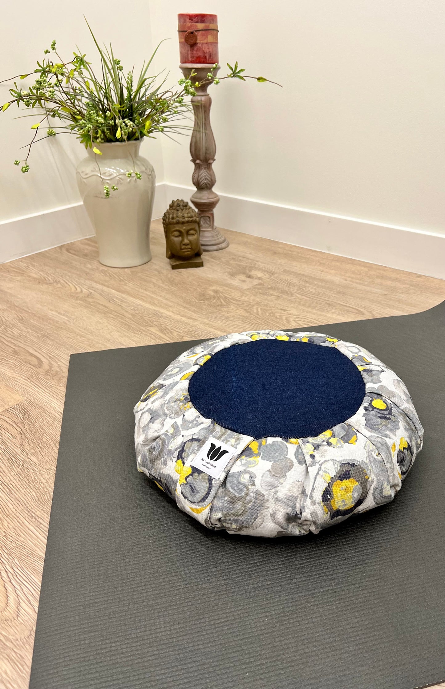Handcrafted premium cotton canvas fabric meditation seat cushion in grey blue yellow water colour print fabric. Align the spine and body in comfort to calm the monkey mind in your meditation practice. Handcrafted in Calgary, Alberta Canada