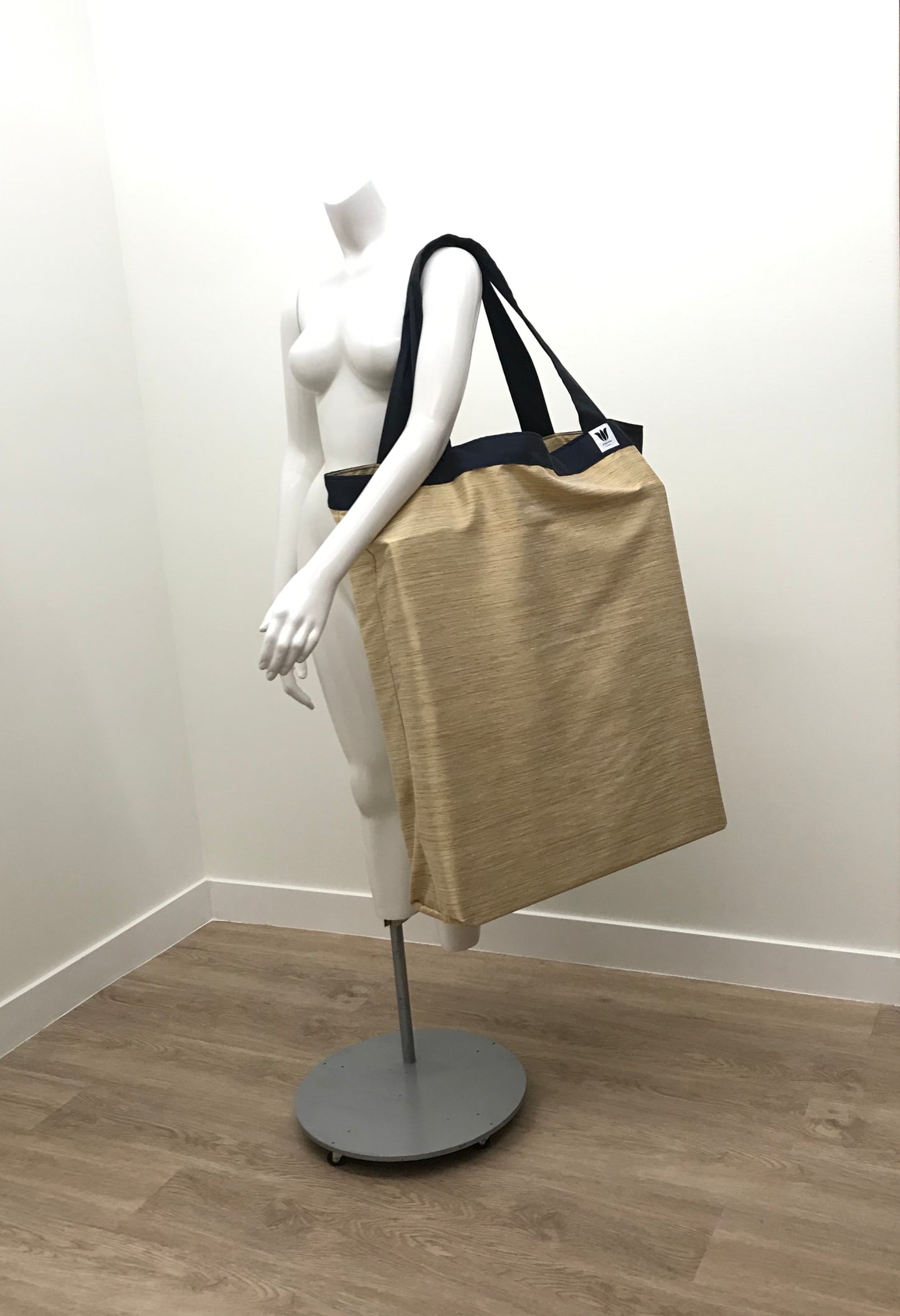 Extra Large Yoga Tote Bag in yellow gold stripe subtle fabric to carry and or store yoga props for yoga practice. Made in Canada by My Yoga Room Elements