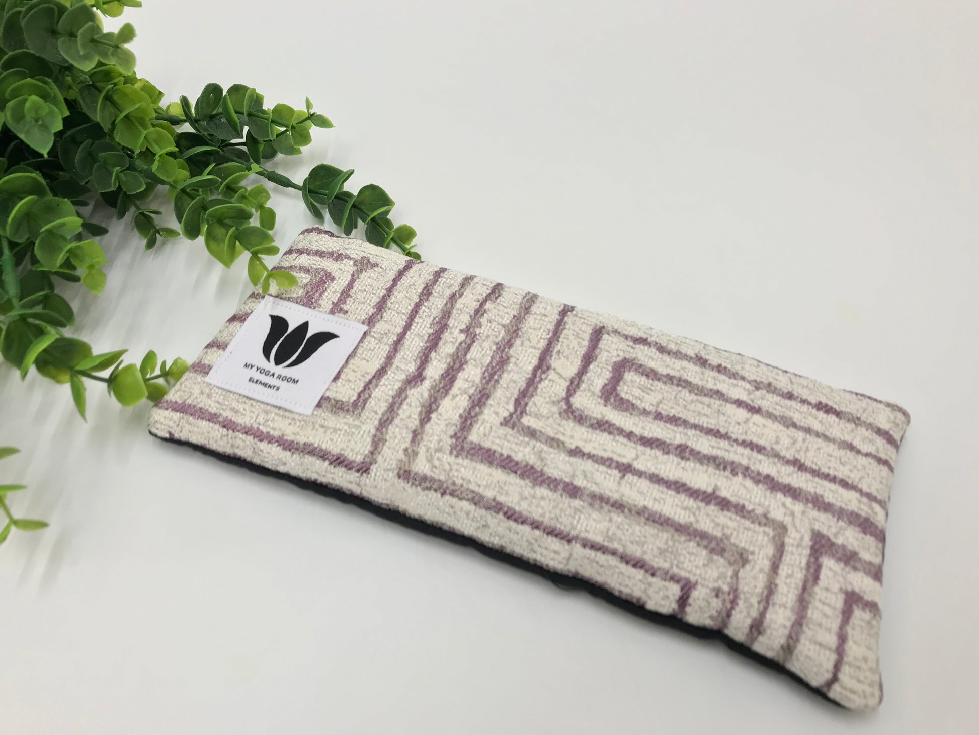oga eye pillow, unscented, therapeutically weighted to soothe eye strain and stress or enhance your savasana. Handcrafted in Canada by My Yoga Room Elements. Purple and pearl modern print and bamboo fabric.