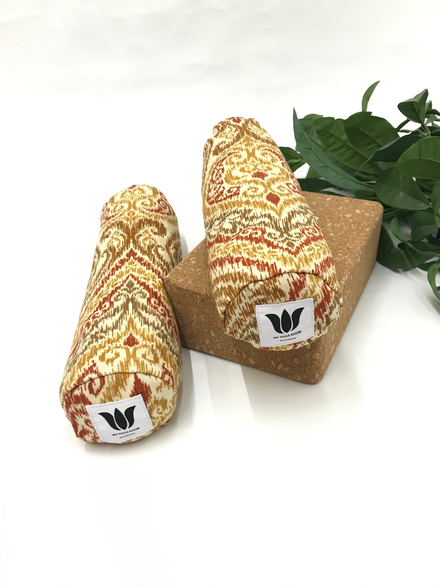 Mini yoga bolster in durable fabric, red gold beige damask print fabric. Cushion and support the body in the practice of yoga and meditation.Removeable cover. Made in Canada by My Yoga Room Elements