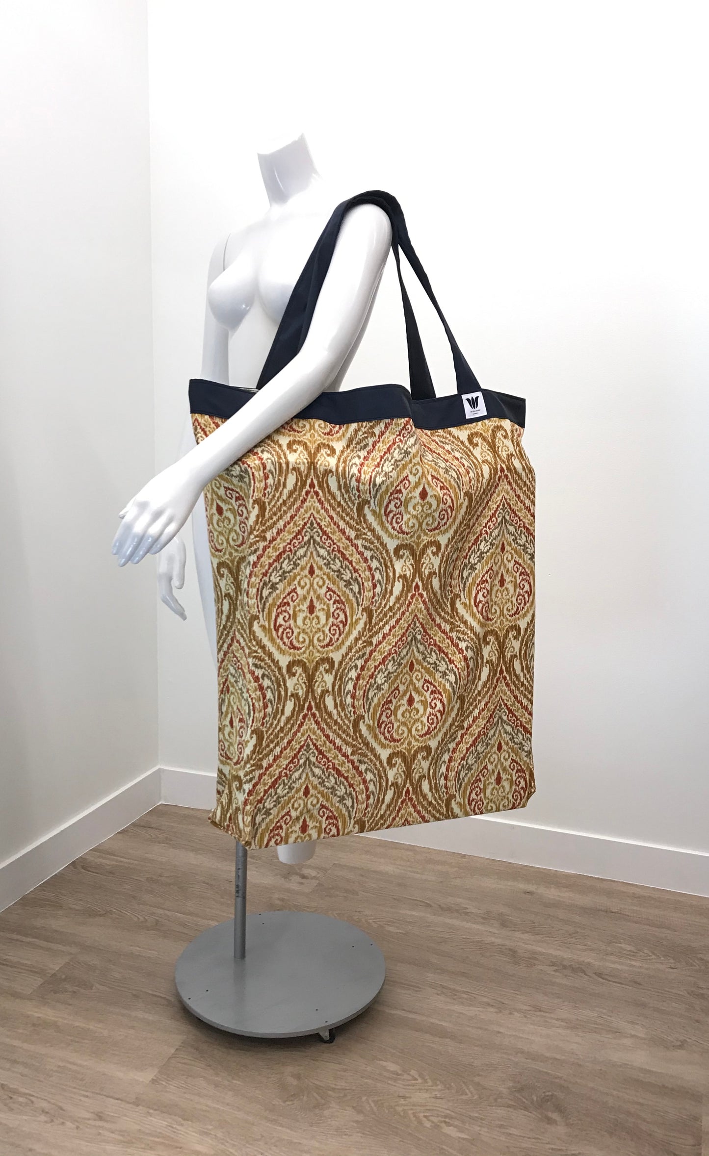 Extra Large Yoga Tote Bag in Ikat Print cotton canvas fabric to carry and or store yoga props for yoga practice. Made in Canada by My Yoga Room Elements