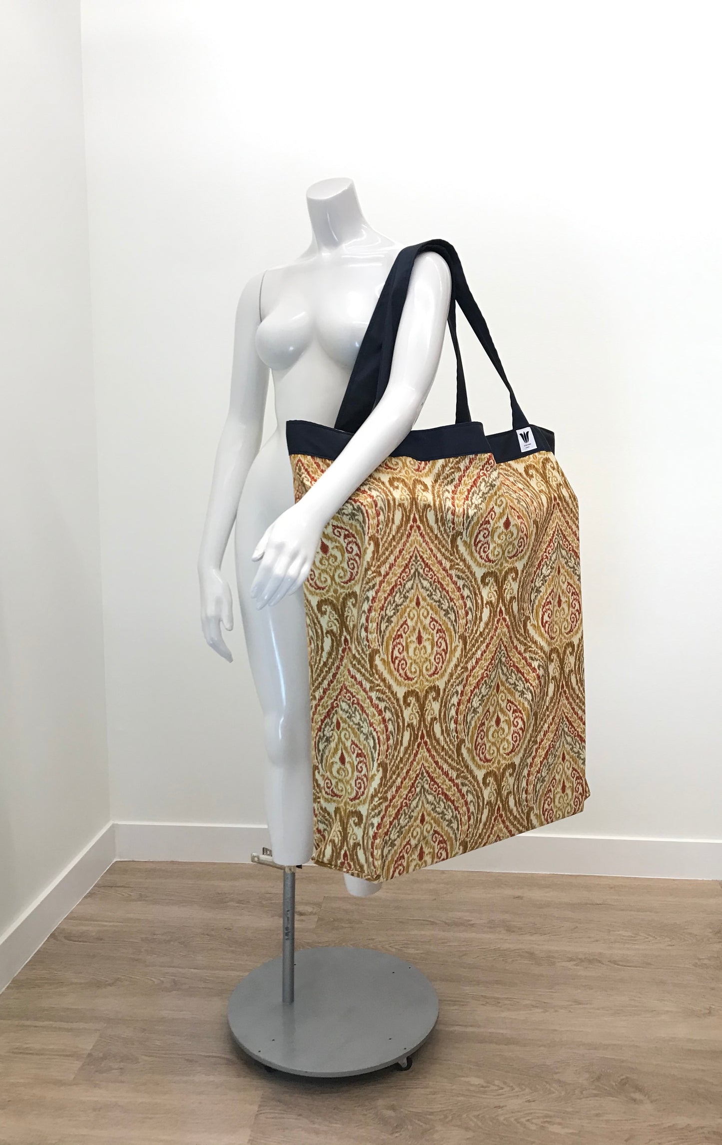 Extra Large Yoga Tote Bag in Ikat Print cotton canvas fabric to carry and or store yoga props for yoga practice. Made in Canada by My Yoga Room Elements