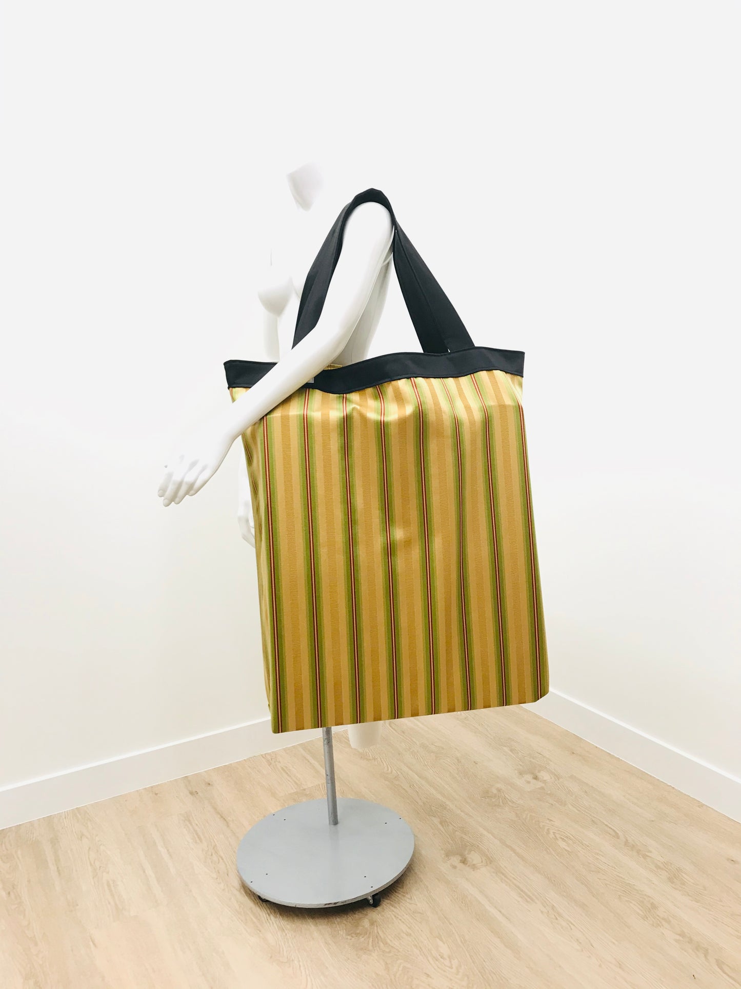 Extra Large Yoga Tote Bag in red, green, gold stripe print to carry and or store yoga props for yoga practice. Made in Canada by My Yoga Room Elements
