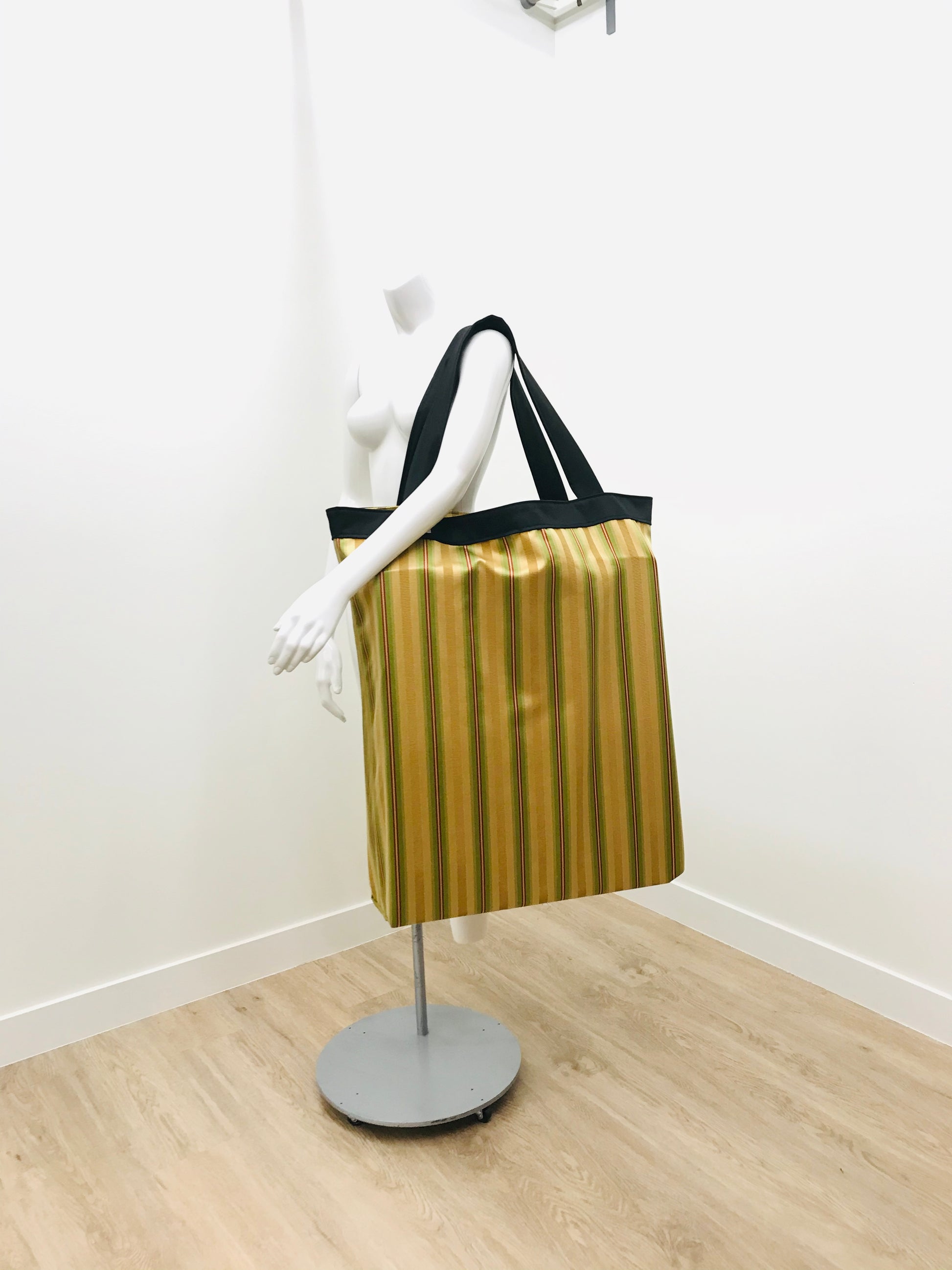 Extra Large Yoga Tote Bag in red, green, gold stripe print to carry and or store yoga props for yoga practice. Made in Canada by My Yoga Room Elements