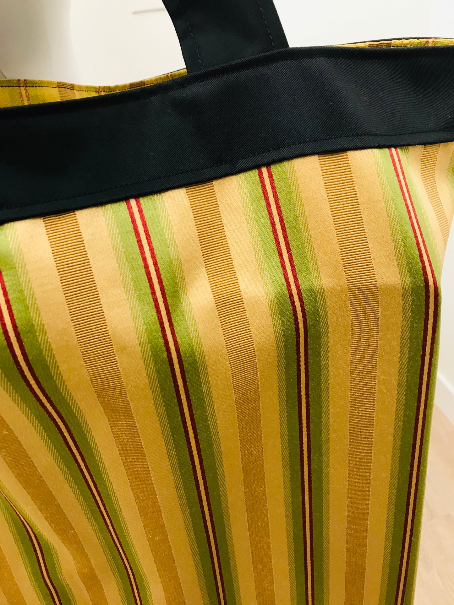 Extra Large Yoga Tote Bag in red, green, gold stripe print to carry and or store yoga props for yoga practice. Made in Canada by My Yoga Room Elements