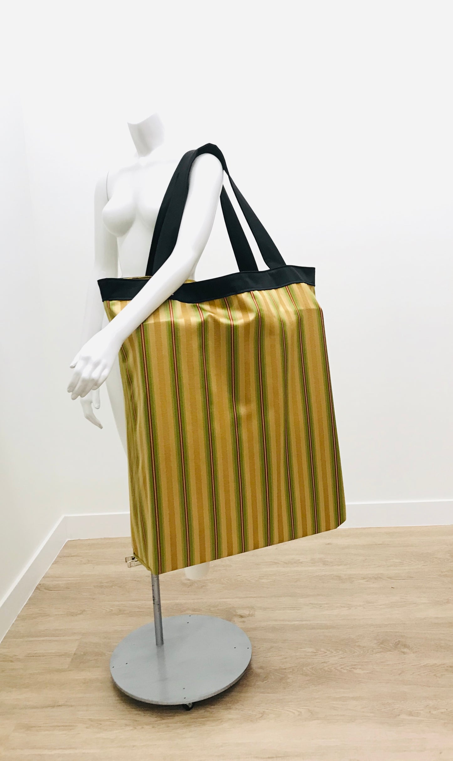 Extra Large Yoga Tote Bag in red, green, gold stripe print to carry and or store yoga props for yoga practice. Made in Canada by My Yoga Room Elements