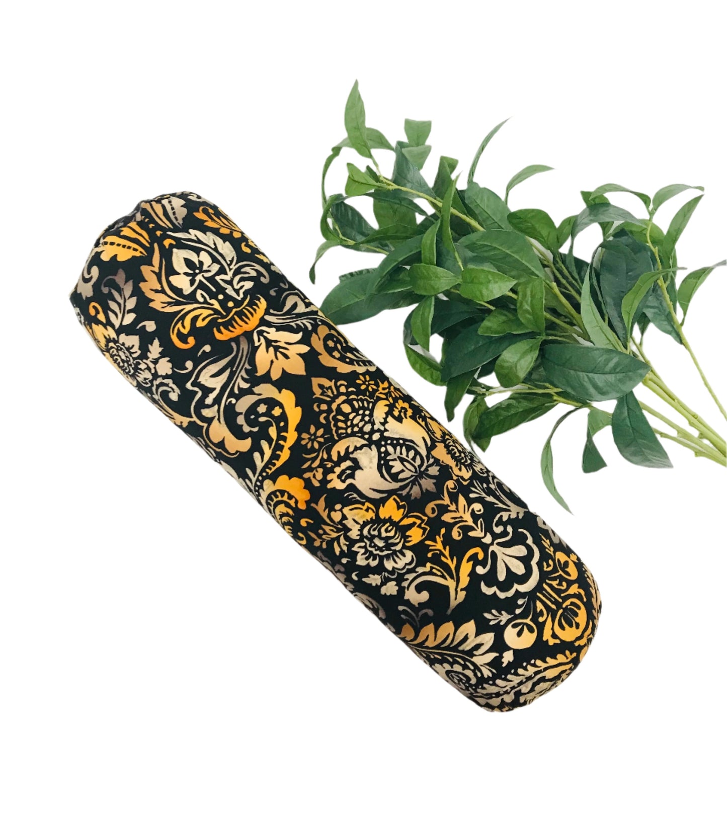 Round yoga bolster in Tiger Colour damask print fabric. Allergy conscious fill with removeable cover. Made in Canada by My Yoga Room Elements
