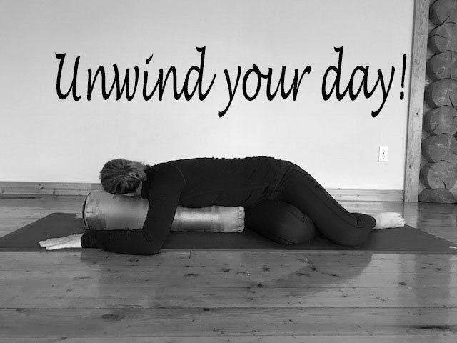 Unwind your day! Restorative pose using round yoga bolster from My Yoga Room ELements